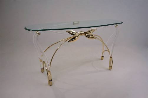 Jeff Messerschmidt console table, Lucite, gold plate & glass, 1970`s ca, American